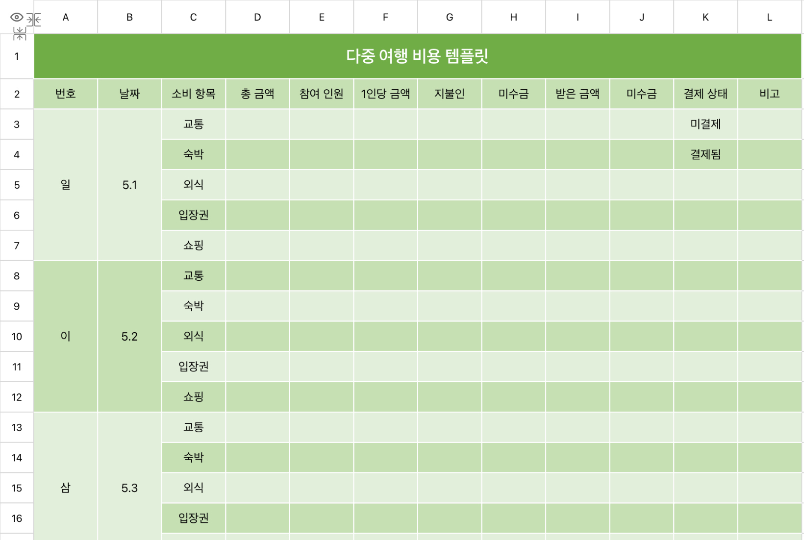 다중 여행 비용 템플릿